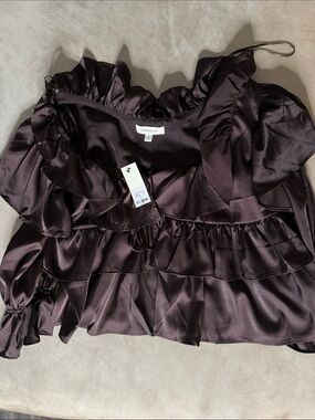 Francesca's Collections Chocolate Brown Satin Ruffle Blouse